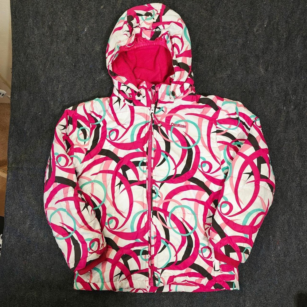 OshKosh B'gosh Girls Pink Multicoloured Swirl Puffer Jacket Hooded Size 10